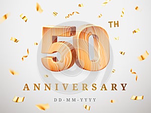 50 anniversary gold wooden numbers with golden confetti. Celebration 50th anniversary, number five and zero. Template