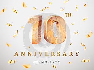 10 anniversary gold wooden numbers with golden confetti. Celebration 10th anniversary, number one and zero Template