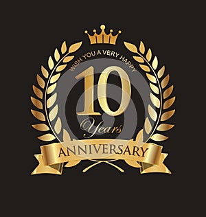 Anniversary golden laurel wreath and badges 10 years vector