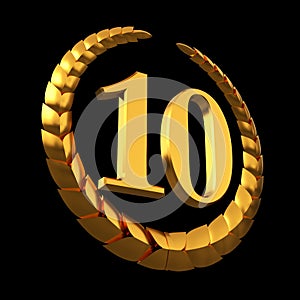 Anniversary Golden Laurel Wreath And Numeral 10 On Black Background