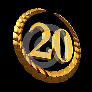 Anniversary Golden Laurel Wreath And Numeral 20 On Black Background