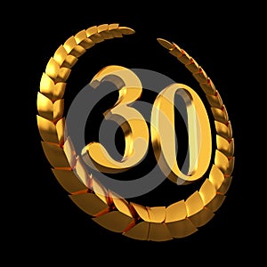 Anniversary Golden Laurel Wreath And Numeral 30 On Black Background