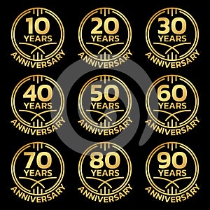 Anniversary golden logo or icon set. 10,20,30,40,50,60,70,80,90 years round stamp collection.