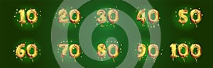 Anniversary golden numbers set. Festive compositions and greeting. 10, 20, 30, 40, 50, 60, 70, 80, 90, years birthday