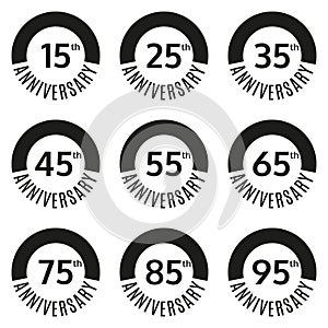 Anniversary icon or label set. 15,25,35,45,55,65,75,85,95 th years celebration and congratulation emblem. Vector illustration.