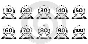 Anniversary icon or logo set with laurel wreath. 10, 20, 30, 40 ,50, 60, 70, 80, 90, 100 years jubilee, birthday badge