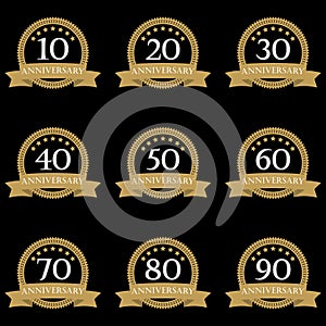 Anniversary icon set. Emblems and stamps with ribbon. 10,20,30,40,50,60,70,80,90 years design elements. Vector illustration
