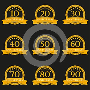 Anniversary icon set. Emblems and stamps with ribbon. 10,20,30,40,50,60,70,80,90 years design elements. Vector illustration.