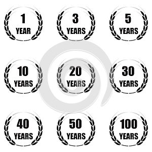 Anniversary icon set isolated on white background. 1,3,5,10,20,30,40,50,100 years. Template for congratulation desig