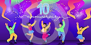 Anniversary party, dance festival youth people. Jumping characters, carnival or parade event, happy music poster. Happy