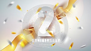 Anniversary premium emblem with golden confetti. Celebration 2th anniversary event party template.