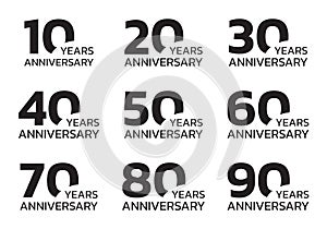 Anniversary set. Birthday badge or logo collection with 10, 20, 30, 40, 50, 60, 70, 80, 90 years celebrating. Vector illustration.