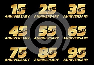 Anniversary set. Birthday badge or logo collection with 15, 25, 35, 45, 55, 65, 75, 85, 95 years celebrating. Vector illustration.