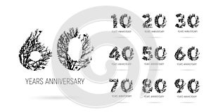 Anniversary set of icons. Flat design. 10, 20, 30, 40, 50, 60, 70, 80, 90, birthday logo label in the image of a tree crown,