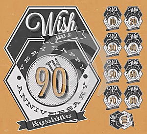 Anniversary sign collection and cards design in retro style.