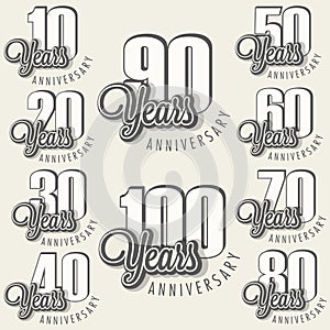 Anniversary sign collection and cards design in retro style.