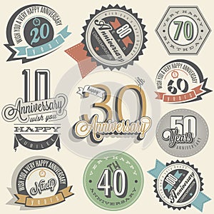 Anniversary sign collection and cards design in retro style.