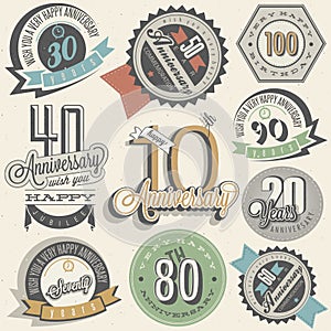 Anniversary sign collection and cards design in retro style.