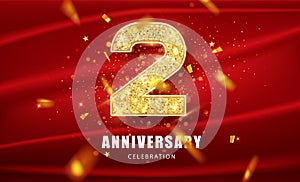 Anniversary 2st gold glitter numbers with golden confetti. Celebration 2 anniversary event party template photo