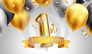 Anniversary 1st vector background design. 1st year party and event celebration with floating gold, black and white balloons