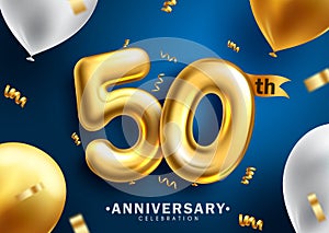 Anniversary 50th vector background design. 50 years celebration party event with gold balloons