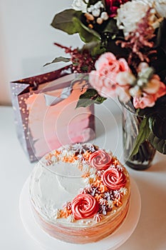 Anniversary and Valentines Day Gift, Homemade Classic Vanilla Marble Cream Cake Sprinkled with Creamy Flowers Decorations