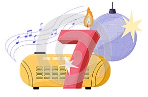 Anniversary wax figure of seven ages symbol. Birthday candle 9 years with flame. Disco ball, audio player, festive