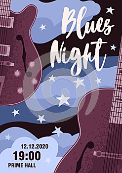 Announcement of blues night festival with place for text and design elements vector flat illustration. Poster of music