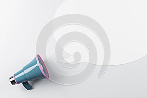 Announcement concept with megaphone speaker and white speech bubble with copyspace on blank light wall background. 3D rendering,