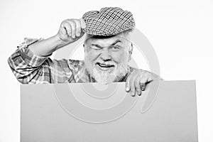 Announcement concept. Senior bearded man peek out of banner place announcement. Event announcement. Pensioner