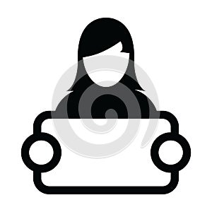 Announcement icon vector female person profile avatar symbol with signboard for advetising campaign in glyph