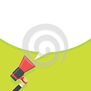 Announcement megaphone concept. Hand holding speaker in green background. Vector illustration