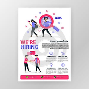 Announcement poster open up vacancy. we`re hiring with vector flat cartoon illustration. flayer business pamphlet brochure magazi