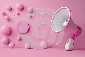 Announcements megaphone on pastel pink background with symbolic circles, 3D