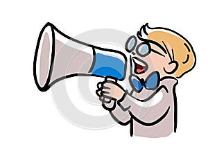 Announcer with megaphone speaking loudly illustration