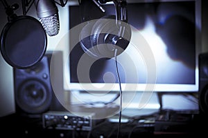 Announcer microphone on recording studio background