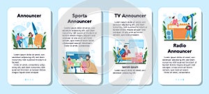 Announcer mobile application banner set. TV presenter, radio host in studio