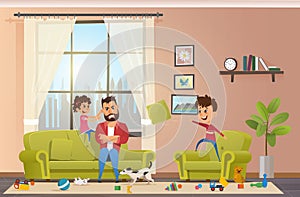 Mad Father at Home with Naughty Children Vector photo