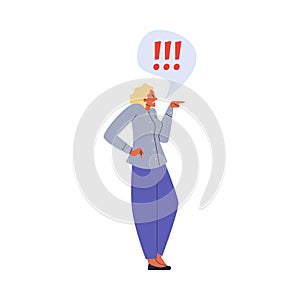 Annoyed angry woman point finger to something, cartoon vector on white