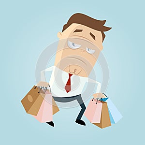 Annoyed cartoon man carrying bags