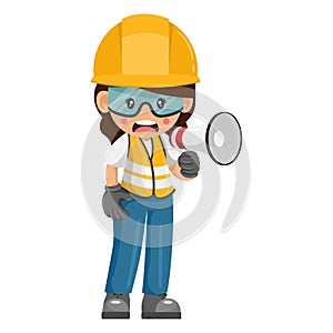 Annoyed industrial woman construction worker making an announcement with a megaphone. Supervisor engineer with personal protective