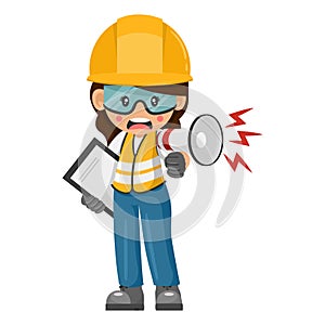 Annoyed industrial woman worker making an announcement with a megaphone. Construction supervising engineer with personal