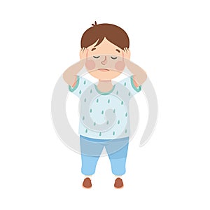 Annoyed Little Boy not Listening Plugging and Covering His Ears with Hands Vector Illustration