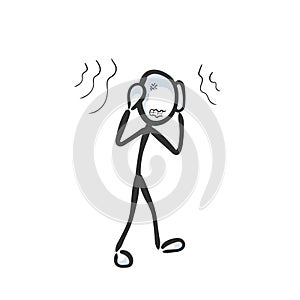Annoyed by loud sound noise. Cover ears. Vector simple headache. Stickman no face clipart cartoon. Hand drawn. Doodle sketch,