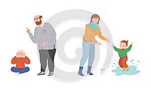 Annoyed Mother and Father Scolding Kid for Disobedience and Bad Behavior Vector Illustration Set