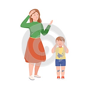 Annoyed Mother Scolding Her Son for Dirty Clothes Vector Illustration