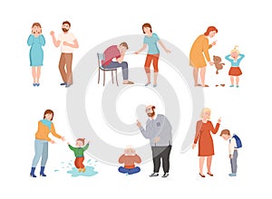 Annoyed Parents Arguing and Having Quarrel Scolding Their Kids for Disobedience and Bad Behavior Vector Illustration Set