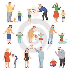 Annoyed Parents Scolding Their Kids for Disobedience and Bad Behavior Vector Illustration Set