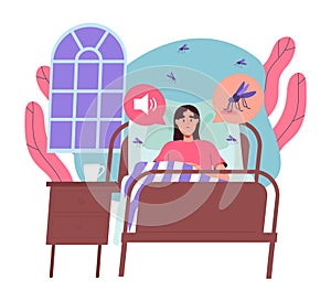 Annoyed woman in bed with mosquitoes on a calm domestic background, concept of pest disturbance. Vector illustration photo