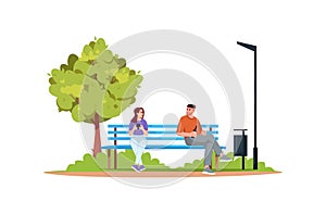 Annoyed woman by man smoking and drinking in park semi flat RGB color vector illustration